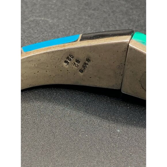 Sterling Hinged Bangle Turquoise Malachite and Onyx made in Mexico 925 - Picture 5 of 6